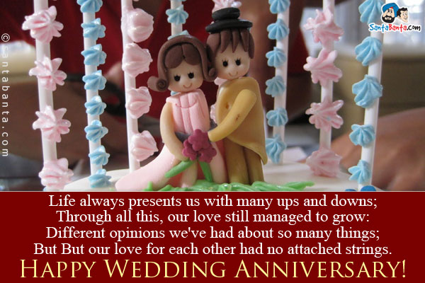 Life always presents us with many ups and downs;<br/>
Through all this, our love still managed to grow:<br/>
Different opinions we've had about so many things;<br/>
But 
But our love for each other had no attached strings.<br/>
Happy Wedding Anniversary!