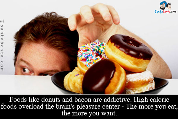 Foods like donuts and bacon are addictive. High calorie foods overload the brain's pleasure center - The more you eat, the more you want.