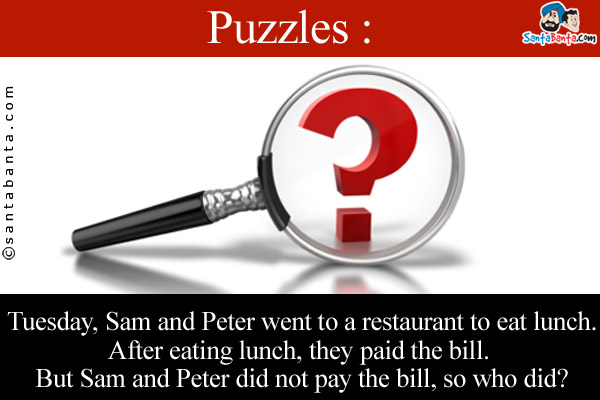 Tuesday, Sam and Peter went to a restaurant to eat lunch.<br />
After eating lunch, they paid the bill. But Sam and Peter did not pay the bill, so who did?