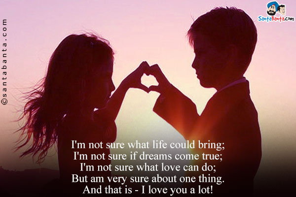 I'm not sure what life could bring;<br/>
I'm not sure if dreams come true;<br/>
I'm not sure what love can do;<br/>
But am very sure about one thing.<br/>
And that is - I love you a lot!