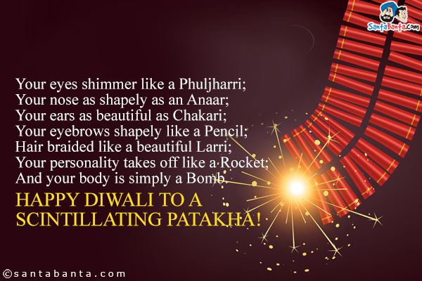 Your eyes shimmer like a Phuljharri;<br/>

Your nose as shapely as an Anaar;<br/>

Your ears as beautiful as Chakari;<br/>

Your eyebrows shapely like a Pencil;

Hair braided like a beautiful Larri;<br/>

Your personality takes off like a Rocket;<br/>

And your body is simply a Bomb.<br/>

Happy Diwali to a scintillating Patakha!