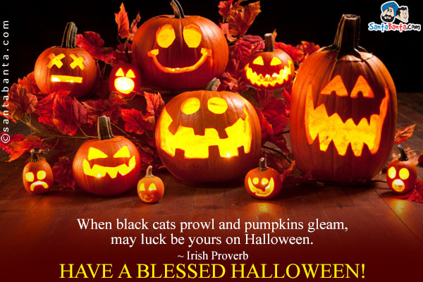 When black cats prowl and pumpkins gleam, may luck be yours on Halloween.<br />
~ Irish Proverb<br />
Have a blessed Halloween! 
