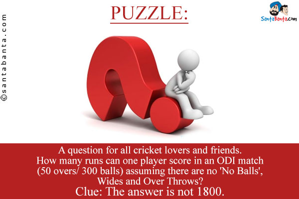 A question for all cricket lovers and friends.<br />

How many runs can one player score in an ODI match (50 overs/ 300 balls) assuming there are no 'No Balls', Wides and Over Throws?<br/>

Clue: The answer is not 1800.