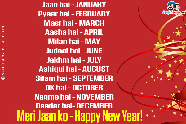 Jaan hai - JANUARY<br/>
Pyaar hai - FEBRUARY<br/>
Mast hai - MARCH<br/>
Aasha hai - APRIL<br/>
Milan hai - MAY<br/>
Judaai hai - JUNE<br/>
Jakhm hai - JULY<br/>
Ashiqui hai - AUGUST<br/>
Sitam hai - SEPTEMBER<br/>
OK hai  - OCTOBER<br/>
Nagme hai - NOVEMBER<br/>
Deedar ha i- DECEMBER<br/>
Meri Jaan ko - Happy New Year!