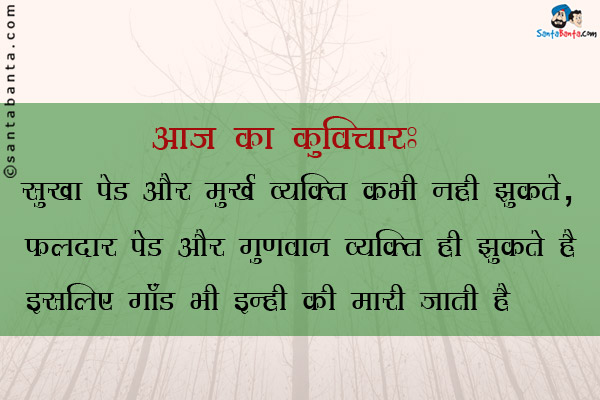 आज का कुविचार:<br/>
सूखा पेड़ और मूर्ख व्यक्ति कभी नही झुकते,<br/>
फलदार पेड और गुणवान व्यक्ति ही झुकते हैं। इसलिए गाँड भी इन्ही की मारी जाती है।