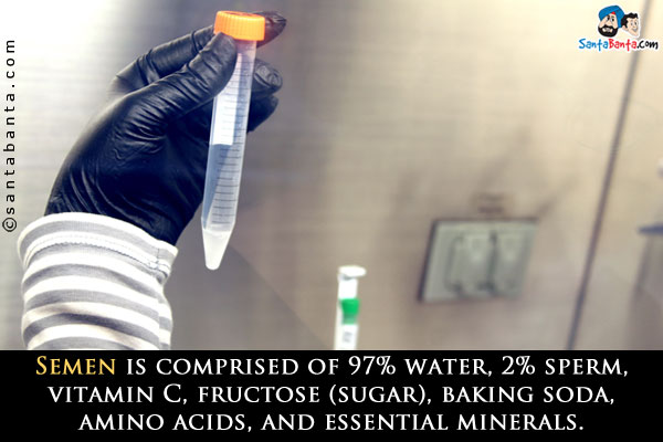 Semen is comprised of 97% water, 2% sperm, vitamin C, fructose (sugar), baking soda, amino acids, and essential minerals.