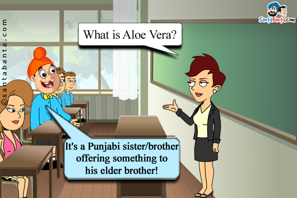 Biology Teacher: What is Aloe Vera?<br/>
Pappu: It's a Punjabi sister/brother offering something to his elder brother!