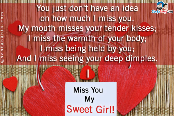 You just don't have an idea on how much I miss you.<br/>
My mouth misses your tender kisses;<br/>
I miss the warmth of your body;<br/>
I miss being held by you;<br/>
And I miss seeing your deep dimples.<br />
I miss you my sweet girl!