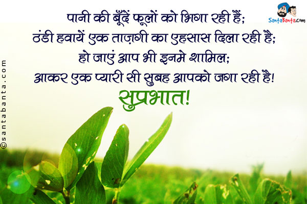 पानी की बूँदें फूलों को भिगा रही हैं;<br/>
ठंडी हवायें एक ताज़गी का एहसास दिला रही हैं;<br/>
हो जाएं आप भी इनमे शामिल;<br/>
आकर एक प्यारी सी सुबह आपको जगा रही है।<br/>
सुप्रभात!