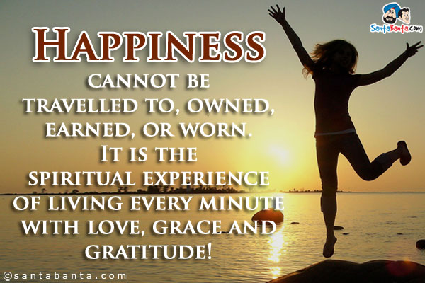 Happiness cannot be travelled to, owned, earned, or worn. It is the spiritual experience of living every minute with love, grace and gratitude!