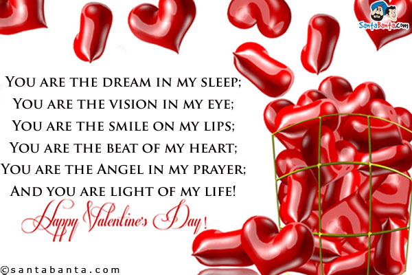 You are the dream in my sleep;<br />
You are the vision in my eye;<br />
You are the smile on my lips;<br />
You are the beat of my heart;<br />
You are the Angel in my prayer;<br />
And you are light of my life!<br />
A very happy Valentine's Day!