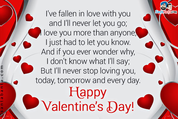 I've fallen in love with you and I'll never let you go;<br />
I love you more than anyone, I just had to let you know.<br />
And if you ever wonder why, I don't know what I'll say;<br />
But I'll never stop loving you, today, tomorrow and every day.<br />
Happy Valentine's Day!