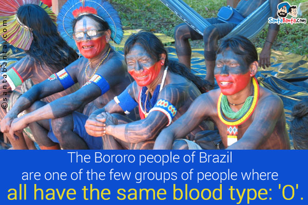 The Bororo people of Brazil are one of the few groups of people where all have the same blood type: 'O'.