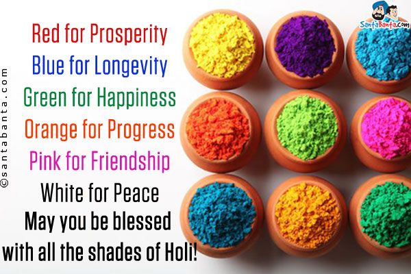 Red for Prosperity<br />
Blue for Longevity<br />
Green for Happiness<br />
Orange for Progress<br />
Pink for Friendship<br />
White for Peace<br />
May you be blessed with all the shades of Holi!