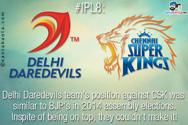 #IPL8:<br />
Delhi Daredevils team's position against CSK was similar to BJP's in 2014 assembly elections.<br />
Inspite of being on top, they couldn't make it!