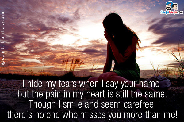 I hide my tears when I say your name but the pain in my heart is still the same.<br/>
Though I smile and seem carefree there's no one who misses you more than me!