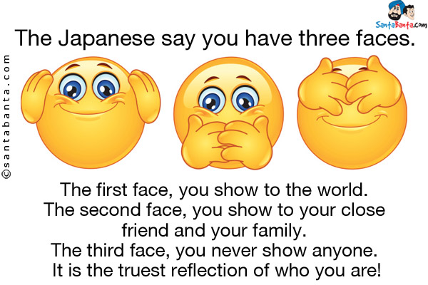 The Japanese say you have three faces.<br />
The first face, you show to the world. <br />
The second face, you show to your close friend and your family. <br />
The third face, you never show anyone. It is the truest reflection of who you are!