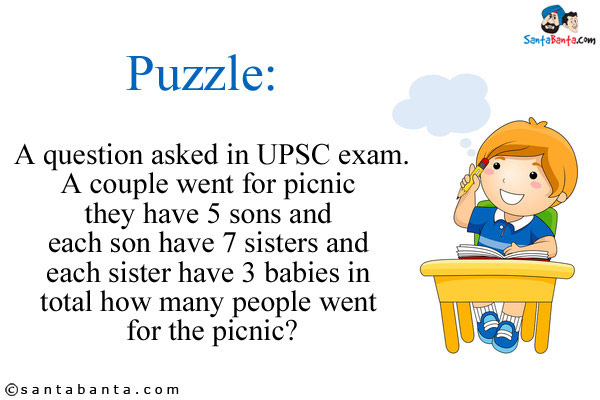 A question asked in UPSC exam.<br/>
A couple went for picnic they have 5 sons and each son have 7 sisters and each sister have 3 babies in total how many people went for the picnic?