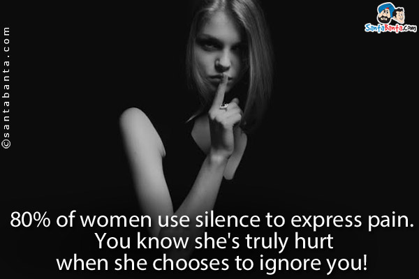 80% of women use silence to express pain.<br /> You know she's truly hurt
when she chooses to ignore you!