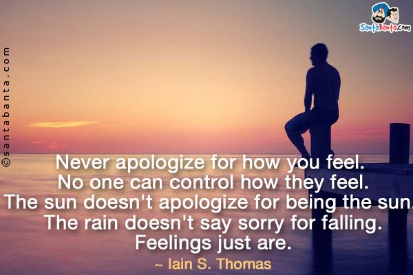 Never apologize for how you feel. No one can control how they feel.
The sun doesn't apologize for being the sun. The rain doesn't say sorry for falling.
Feelings just are.
~ Iain S. Thomas