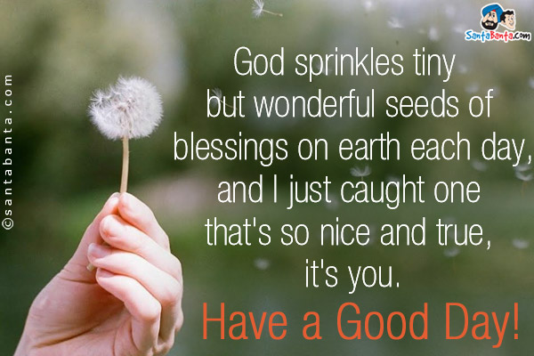 God sprinkles tiny but wonderful seeds of blessings on earth each day, and I just caught one that's so nice and true, it's you.<br/>
Have a Good Day!