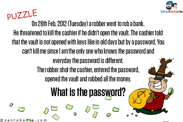 On 28th Feb, 2012 (Tuesday) a robber went to rob a bank. He threatened to kill the cashier if he didn't open the vault. The cashier told that the vault is not opened with keys like in old days but by a password. You can't kill me since I am the only one who knows the password and everyday the password is different.<br/>
The robber shot the cashier, entered the password, opened the vault and robbed all the money.<br/>
What is the password?