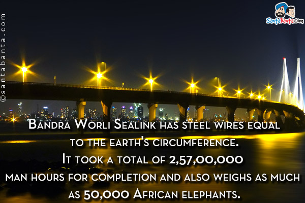 Bandra Worli Sealink has steel wires equal to the earth's circumference. It took a total of 2,57,00,000 man hours for completion and also weighs as much as 50,000 African elephants.