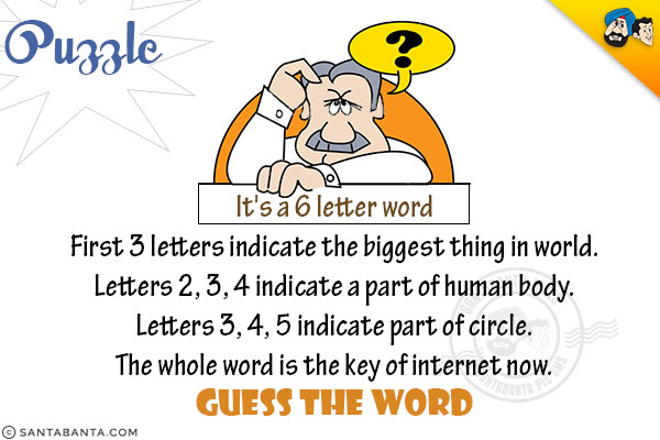 It's a 6 letter word<br/>
First 3 letters indicate the biggest thing in world.<br/>
Letters 2, 3, 4 indicate a part of human body.<br/>
Letters 3, 4, 5 indicate part of circle.<br/>
The whole word is the key of internet now.<br/>
Guess the word