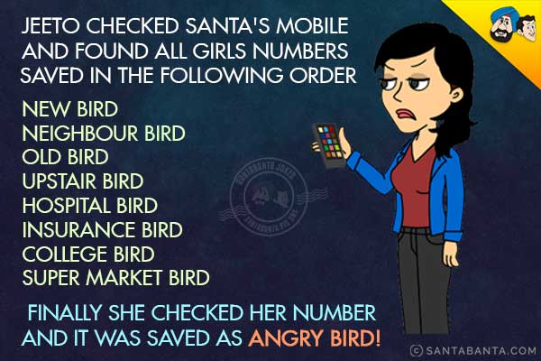 Jeeto checked Santa's mobile and found all girls numbers saved in the following order:<br/>
New Bird<br/>
Neighbour Bird<br/>
Old Bird<br/>
Upstair Bird<br/>
Hospital Bird<br/>
Insurance Bird<br/>
College Bird<br/>
Super Market Bird<br/>
Finally she checked her number and it was saved as 'Angry Bird'!