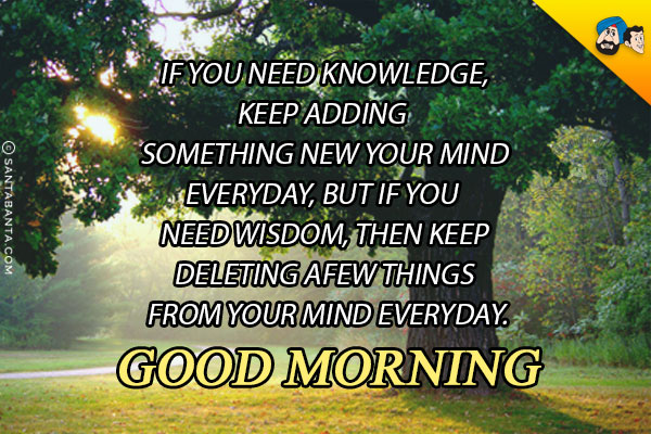 If you need knowledge, keep adding something new to your mind everyday;

<br/>But if you need wisdom, then keep deleting a few things from your mind everyday.<br/>
Good Morning!