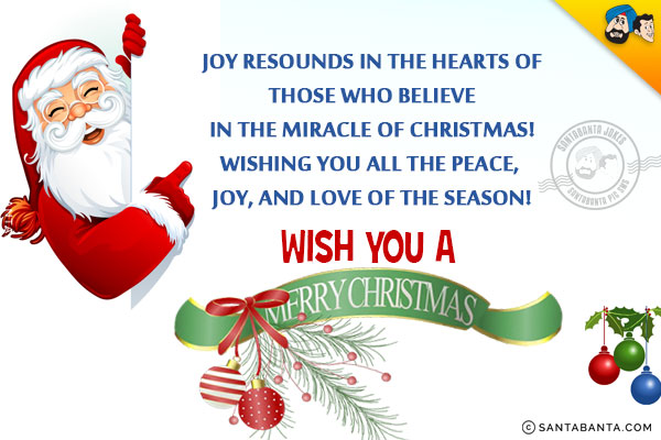 Joy resounds in the hearts of those who believe in the miracle of Christmas!<br/>
Wishing you all the peace, joy, and love of the season!<br/>
Wish you a Merry Christmas!