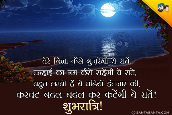 तेरे बिना कैसे गुज़रेंगी ये रातें,<br/>
तन्हाई का गम कैसे सहेंगी ये रातें,<br/>
बहुत लम्बी हैं घड़ियाँ इंतज़ार की,<br/>
करवट बदल-बदल कर कटेंगी ये रातें।<br/>
शुभरात्रि!