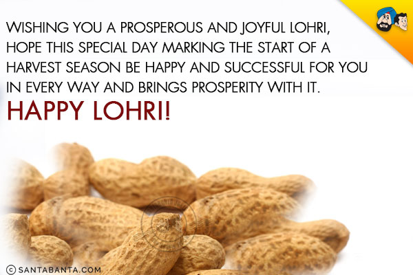 Wishing you a prosperous and joyful Lohri,<br/>
Hope this special day marking the start of a harvest season be happy and successful for you in every way and brings prosperity with it.<br/>
Happy Lohri!