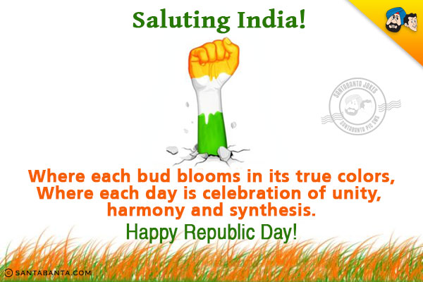 Saluting India!<br/>
Where each bud blooms in its true colors,<br/>
Where each day is celebration of unity, harmony and synthesis.<br/>
Happy Republic Day!