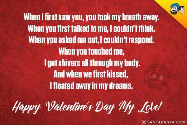 When I first saw you, you took my breath away.<br/>
When you first talked to me, I couldn't think.<br/>
When you asked me out, I couldn't respond.<br/>
When you touched me, I got shivers all through my body.<br/>
And when we first kissed, I floated away in my dreams.<br/>
Happy Valentine's Day My Love!