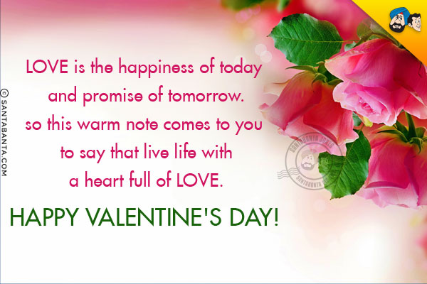 Love is the happiness of today and promise of tomorrow.<br/>
So this warm note comes to you to say that live life with a heart full of love.<br/>
Happy Valentine's Day!