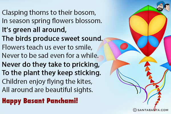 Clasping thorns to their bosom,<br/>
In season spring flowers blossom.<br/><br/>

It's green all around,<br/>
The birds produce sweet sound.<br/><br/>

Flowers teach us ever to smile,<br/>
Never to be sad even for a while.<br/><br/>

Never do they take to pricking,<br/>
To the plant they keep sticking.<br/><br/>

Children enjoy flying the kites,<br/>
All around are beautiful sights.<br/>
Happy Basant Panchami!