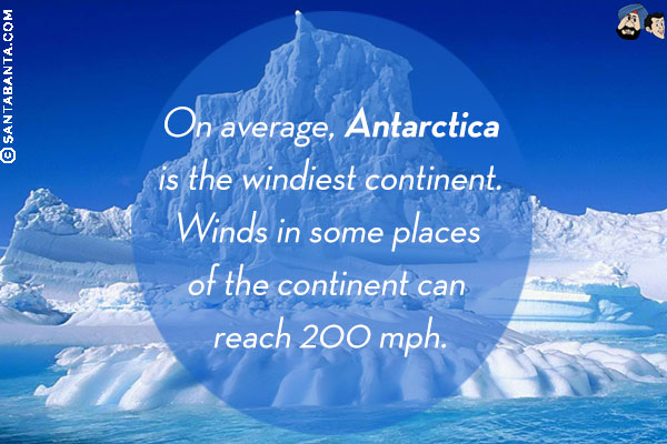 On average, Antarctica is the windiest continent. Winds in some places of the continent can reach 200 mph.