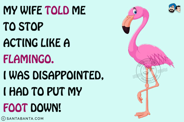 My wife told me to stop acting like a flamingo. I was disappointed, I had to put my foot down!