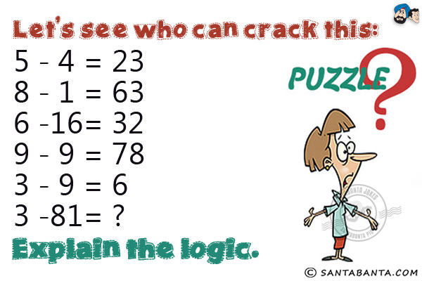 Let's see who can crack this:<br/><br/>

5 - 4 = 23<br/>
8 - 1 = 63<br/>
6 -16 = 32<br/>
9 - 9 = 78<br/>
3 - 9 = 6<br/>
3 - 81 = ?<br/><br/>

Explain the logic.