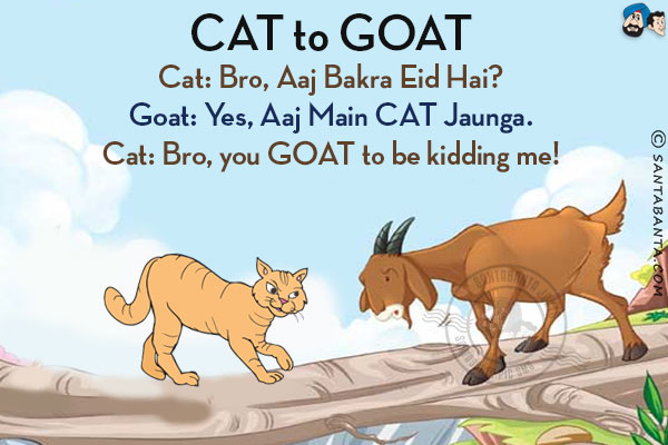 <b>CAT to GOAT</b><br/>
Cat: Bro, Aaj Bakra Eid Hai?<br/>
Goat: Yes, Aaj Main CAT Jaunga.<br/>
Cat: Bro, you GOAT to be kidding me!