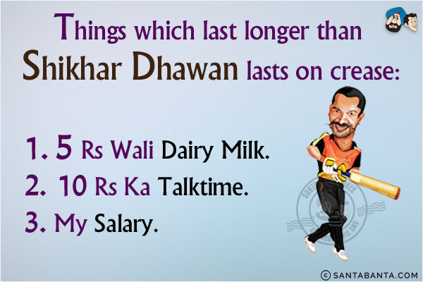 Things which last longer than Shikhar Dhawan lasts on crease:<br/>

1. 5 Rs Wali Dairy Milk<br/>
2. 10 Rs Ka Talktime<br/>
3. My Salary