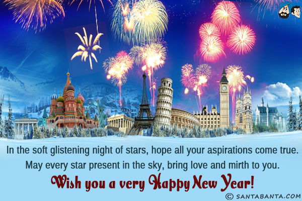 In the soft glistening night of stars, hope all your aspirations come true.<br/>
May every star present in the sky, bring love and mirth to you.<br/>
Wish you a very Happy New Year!