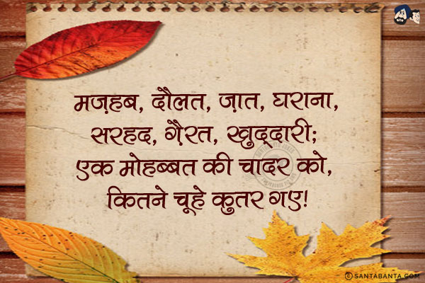 मज़हब, दौलत, ज़ात, घराना, सरहद, ग़ैरत, खुद्दारी;<br/>
एक मोहब्बत की चादर को, कितने चूहे कुतर गए।