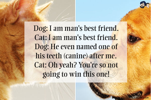 Dog: I am man's best friend.<br/>
Cat: I am man's best friend.<br/>
Dog: He even named one of his teeth (canine) after me.<br/>
Cat: Oh yeah? You're so not going to win this one!