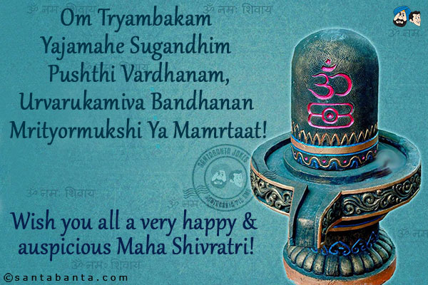 Om Tryambakam Yajamahe Sugandhim Pushthi Vardhanam,<br/>
Urvarukamiva Bandhanan Mrityormukshi Ya Mamrtaat!<br/>
Wish you all a very happy & auspicious Maha Shivratri!