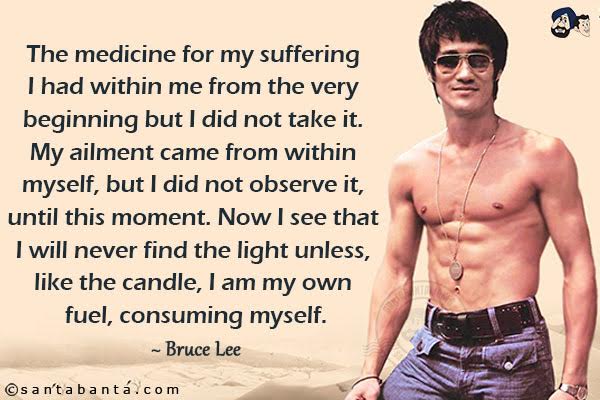 The medicine for my suffering I had within me from the very beginning but I did not take it. My ailment came from within myself, but I did not observe it, until this moment. Now I see that I will never find the light unless, like the candle, I am my own fuel, consuming myself.