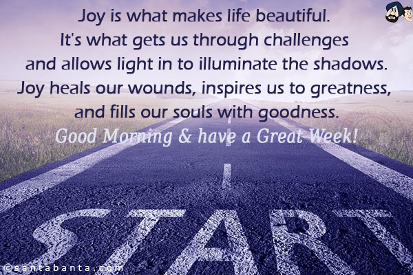 Joy is what makes life beautiful. It's what gets us through challenges and allows light in to illuminate the shadows.<br/>
Joy heals our wounds, inspires us to greatness, and fills our souls with goodness.<br/>
Good Morning & have a Great Week!