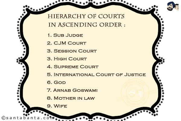 Hierarchy of courts in ascending order :<br/><br/>

1. Sub Judge<br/>
2. CJM Court<br/>
3. Session Court<br/>
3. High Court<br/>
4. Supreme Court<br/>
5. International Court of Justice<br/>
6. God<br/>
7. Arnab Goswami<br/>
8. Mother in law<br/>
9. Wife