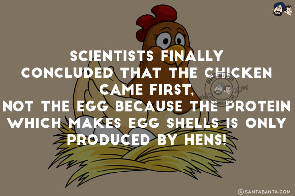 Scientists finally concluded that the chicken came first, not the egg because the protein which makes egg shells is only produced by hens!